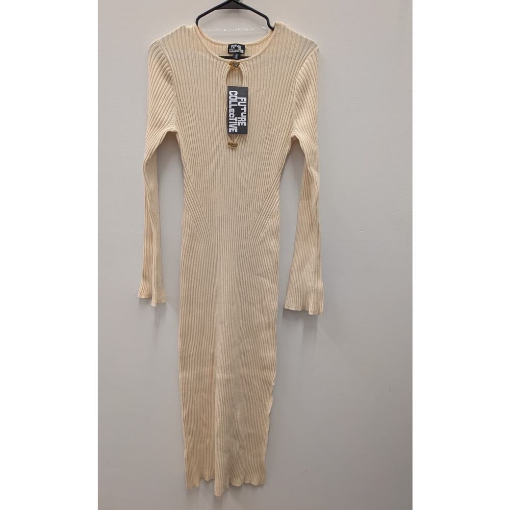 Future Collective Ribbed Knit Maxi Dress Cream Long Sleeve XL NWT